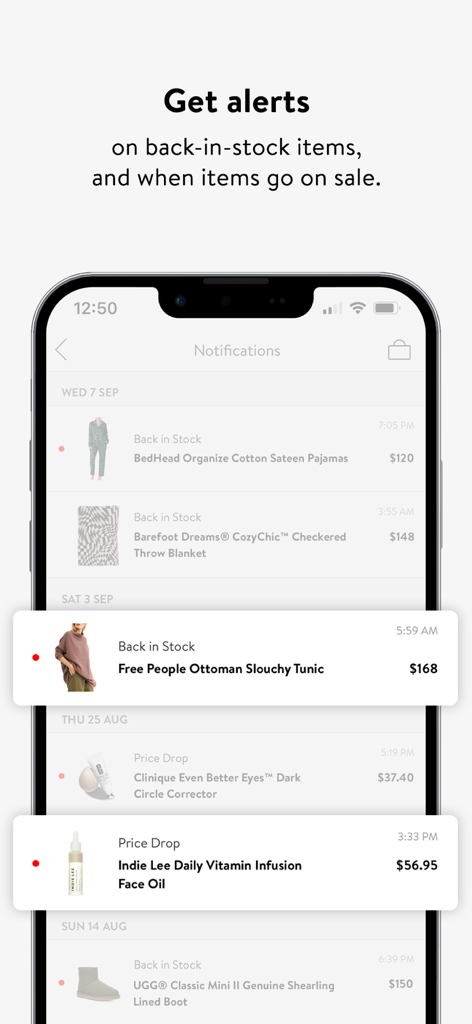 Nordstrom mobile app notifications screen displaying back in stock and price drop alerts for fashion items