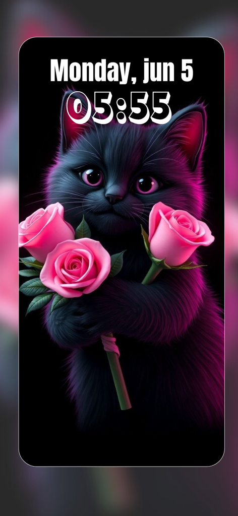 Adorable gato negro sosteniendo rosas rosas en un fondo de pantalla de bloqueo de teléfono