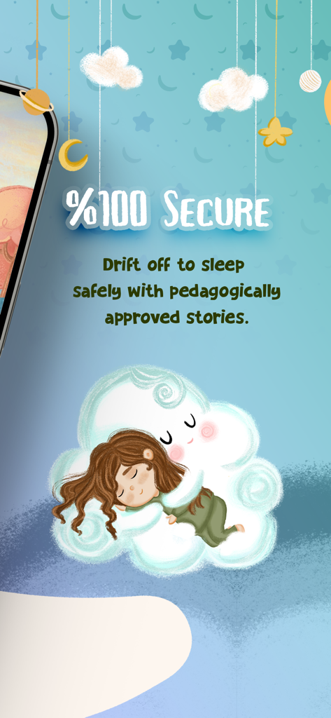 Kids Sleep Story Audio Book - Una niña durmiendo en una nube sonriente con texto resaltando cuentos para dormir seguros y pedagógicos.