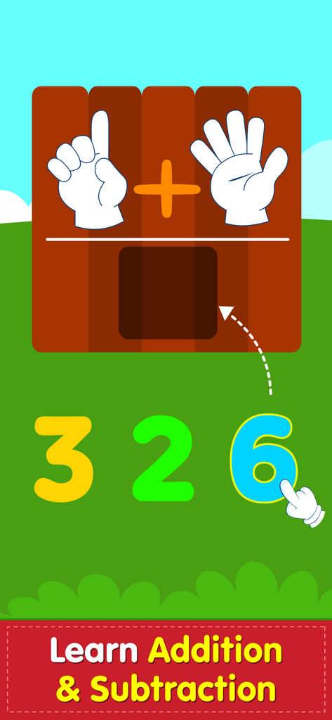 123 Number Math Games for Kids - Una pantalla de juego de matemáticas preescolar que muestra un problema de suma usando gestos de mano para los números 1 y 5