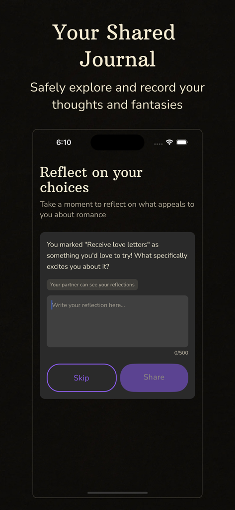 Shared journal screen in the BeMoreKinky app for couples to share fantasies and reflections.