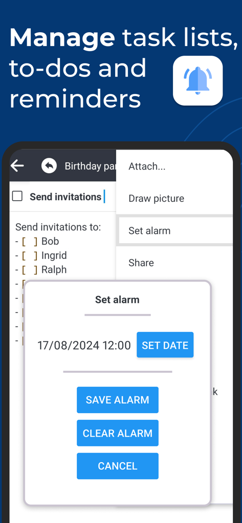 Interfaz de la aplicación móvil Joplin que muestra una lista de verificación y un cuadro de diálogo de configuración de alarma para recordatorios de tareas