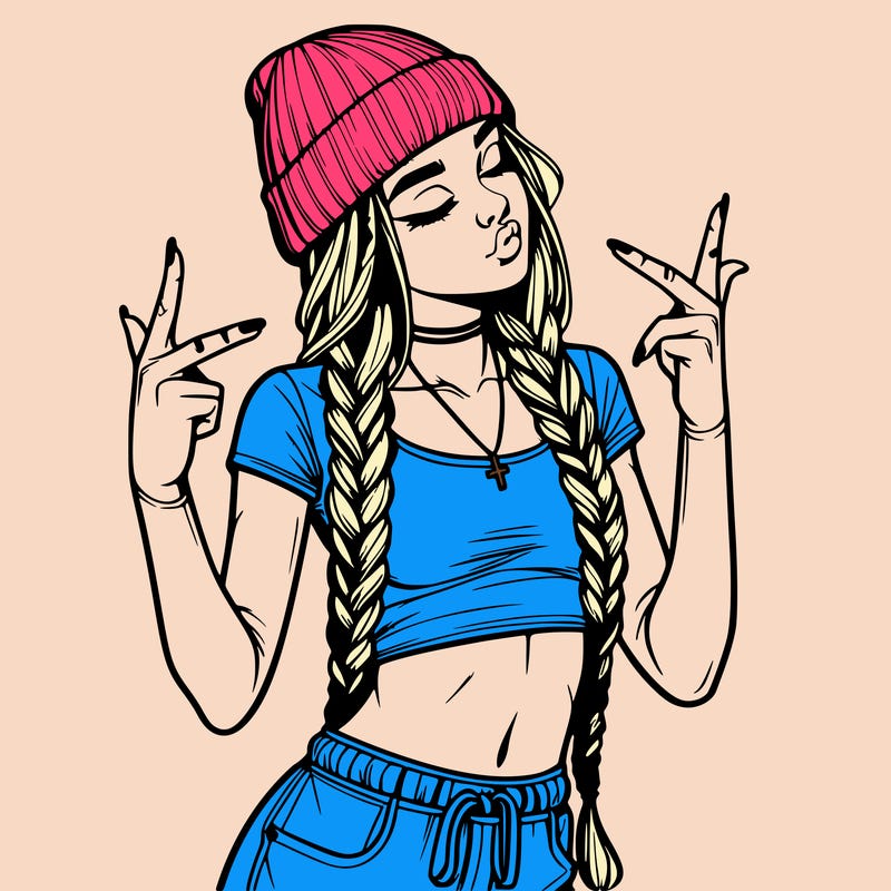 realistic teenage girl with braids and a beanie and crop top doing 🫶🏼
