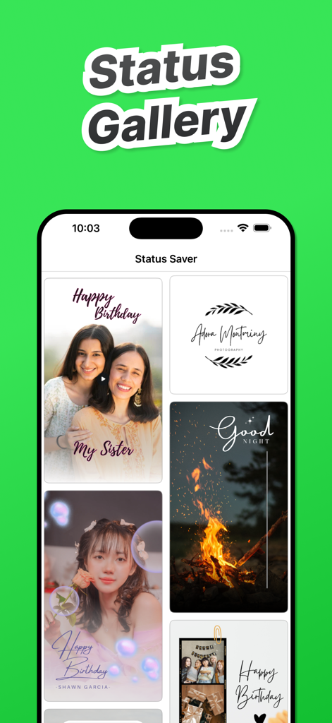 Save Status for WA +WASticker - Status Gallery showing various creative video and photo templates for WhatsApp