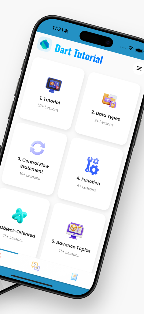 Learn Flutter and Dart - A screen from the Learn Flutter and Dart app showing Dart programming tutorial topics and lesson counts.