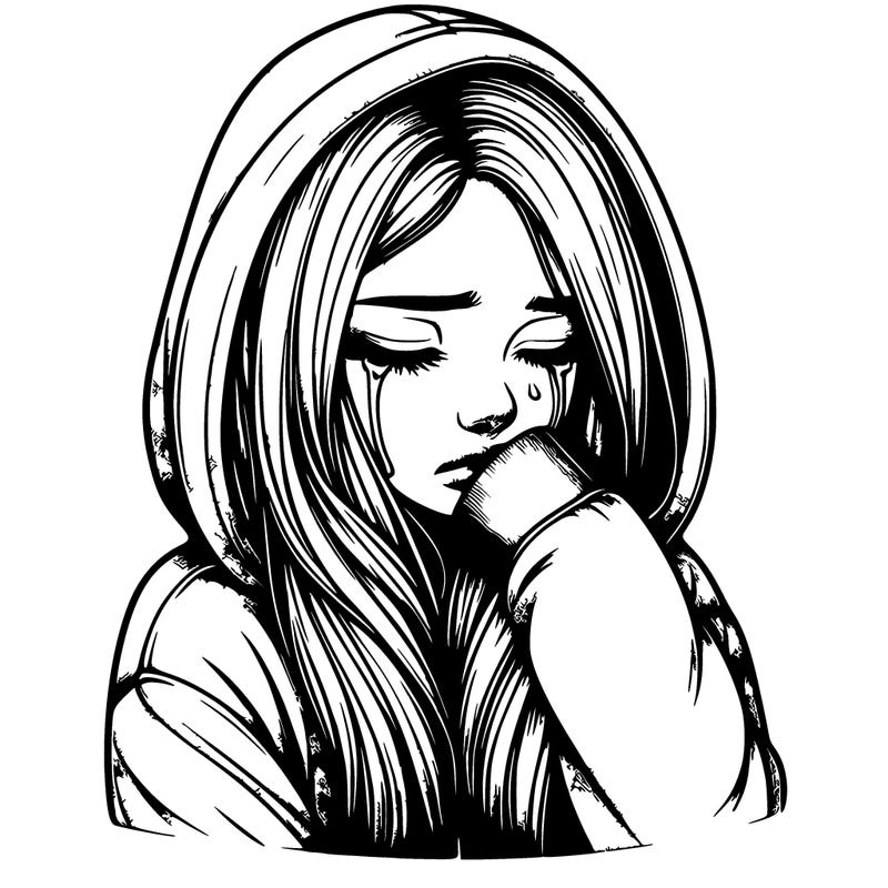 realistic girl crying with eyes closed with long hanging out of hoodie that is on her head
