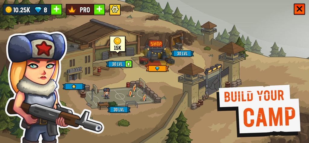 Camp Defense - Captura de tela da jogabilidade de Camp Defense mostrando uma personagem sobrevivente feminina e várias estruturas de base para melhorar, como uma loja e uma biblioteca