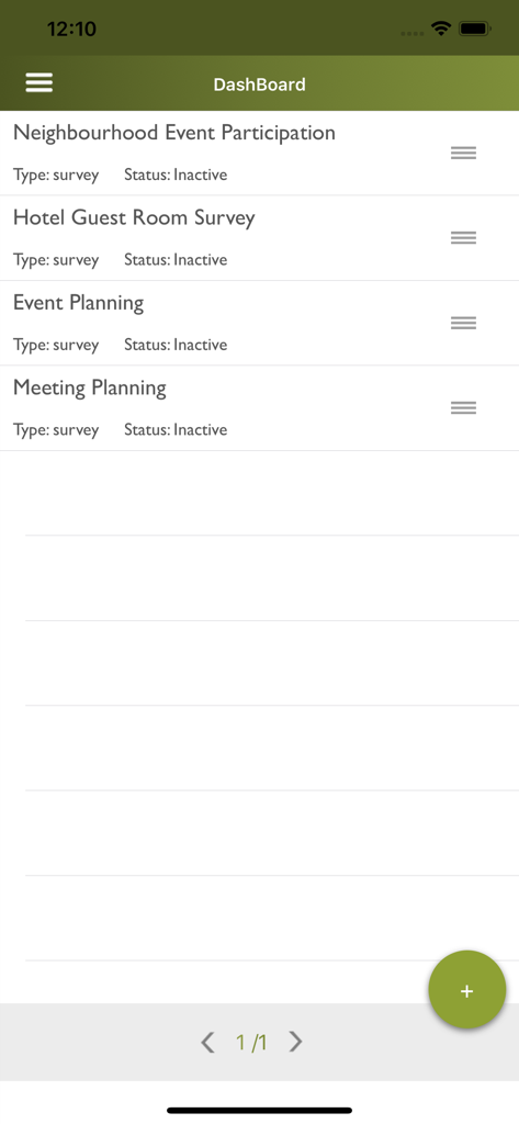 Survey Maker by SurveyCrest - Dashboard screen of the Survey Maker app showing a list of surveys and a plus button to create new ones