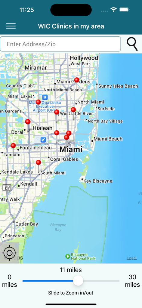 A map interface in the Florida WIC app showing various clinic locations around the Miami area with a search bar and distance slider