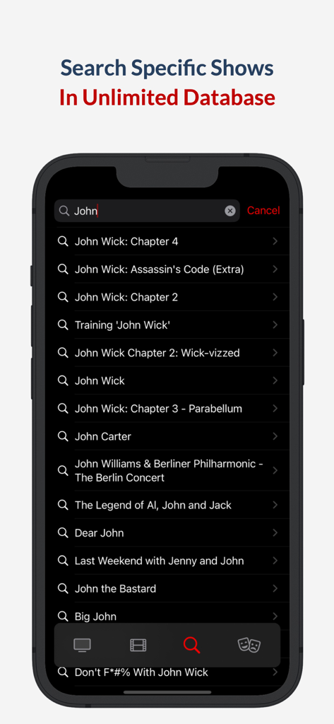 Flujo TV 앱 검색 화면이 iPhone에서 John Wick에 대한 영화 결과 목록을 표시하는 모습