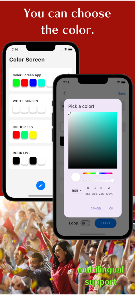 Interface do aplicativo Color Screen Pro mostrando um seletor de cores e lista de projetos para exibições de luz personalizadas.