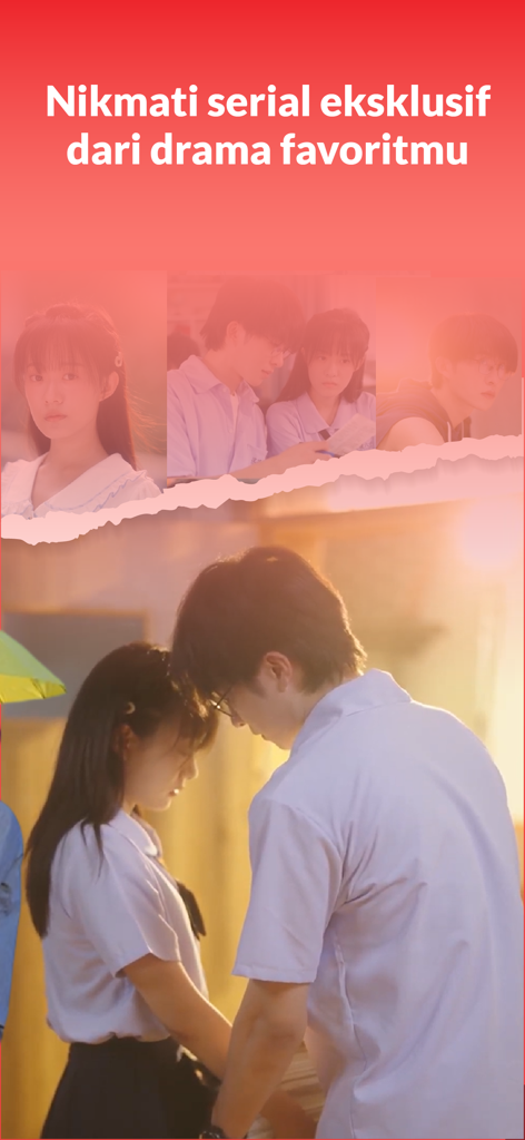 Una pantalla promocional de IDN App que muestra series exclusivas de dramas cortos románticos con escenas de una pareja joven.