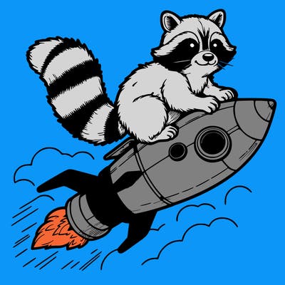 realistic raccoon flying on top rocket ship