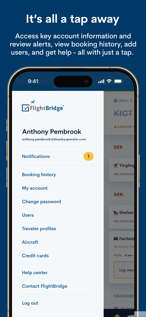 Side navigation menu of the FlightBridge app showing account settings and traveler profiles