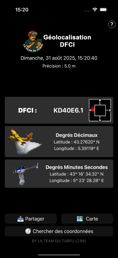 GeoBaroud - Interfaccia dell'app GeoBaroud che mostra coordinate GPS precise in formati DFCI e decimali