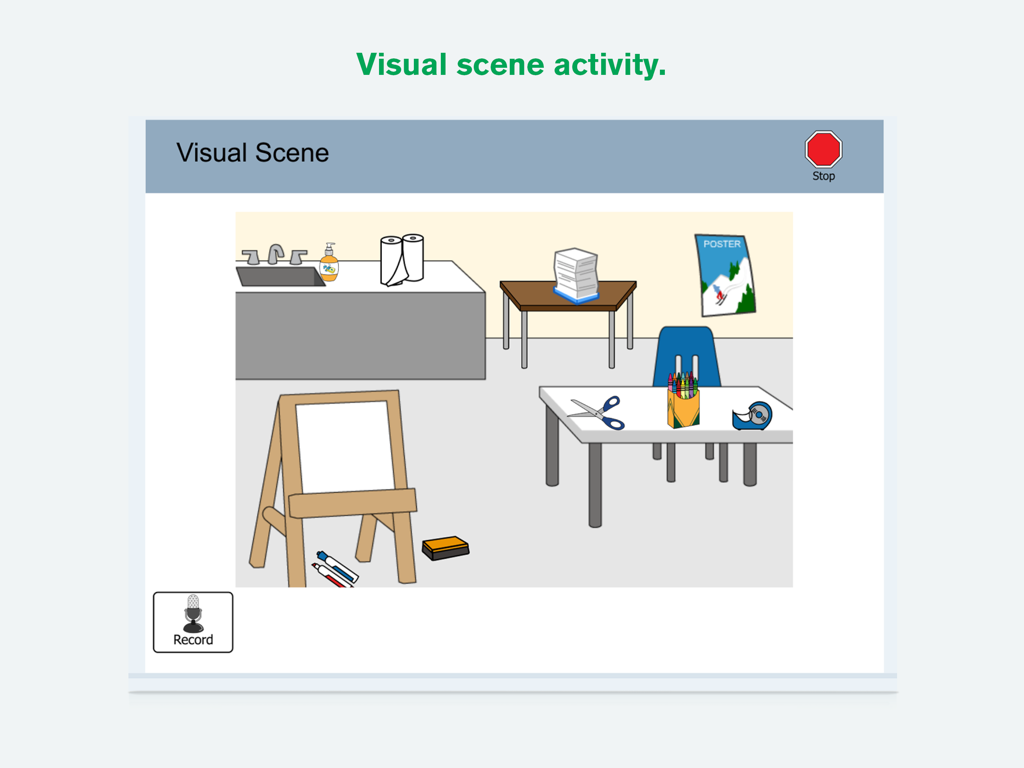 Boardmaker 7 Student Center - A visual scene activity within the Boardmaker 7 Student Center app showing an interactive classroom environment with various objects like an easel and desks.