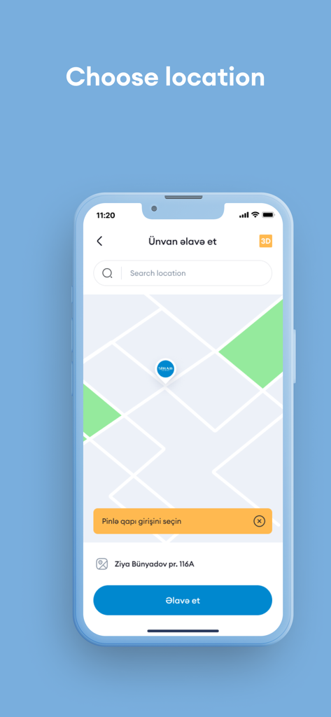Sirab Su app interface showing a map for selecting a delivery address.