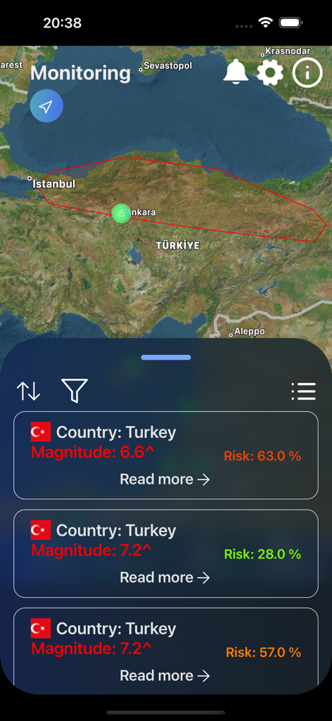 GeoQuake app screen showing a map of Turkey with earthquake magnitude and risk alerts