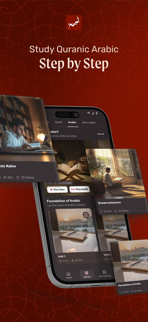 Bayyinah TV mobile app interface displaying Quranic Arabic courses with a step by step study guide.
