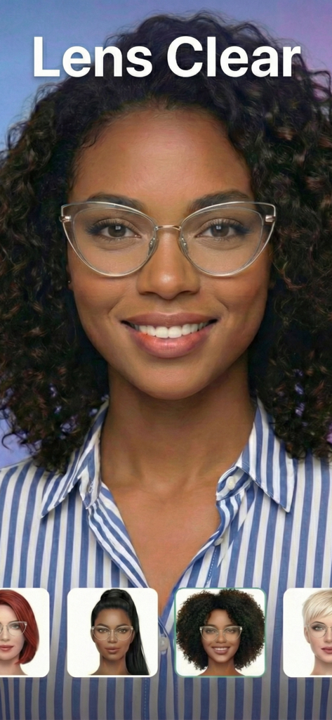 Portrait of a woman with clear glasses lenses in the Lens Clear AI photo editor app