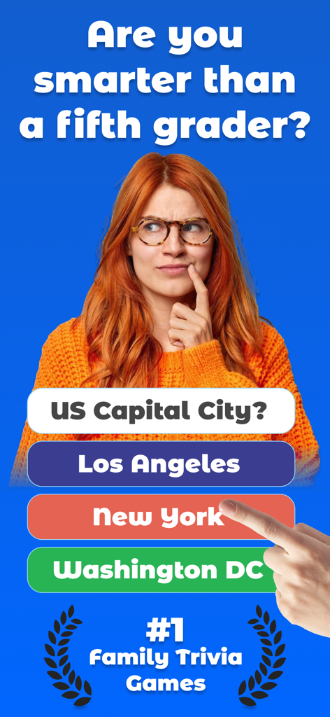 Quizy - General Knowledge Quiz - Captura de pantalla de una aplicación móvil de trivia familiar de Quizy con una pregunta de geografía sobre la capital de EE. UU.