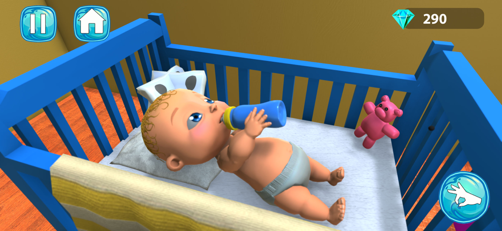 Mother Simulator Babysitter - Bebé animado en 3D bebiendo de un biberón en una cuna azul.
