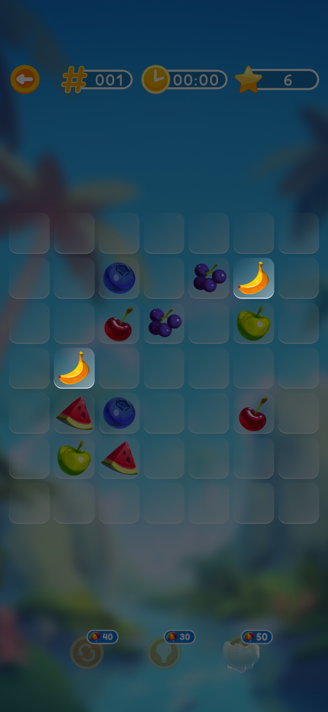 Jogabilidade de quebra-cabeça de combinar frutas em Onet Puzzle Paradise Match mostrando um fundo tropical