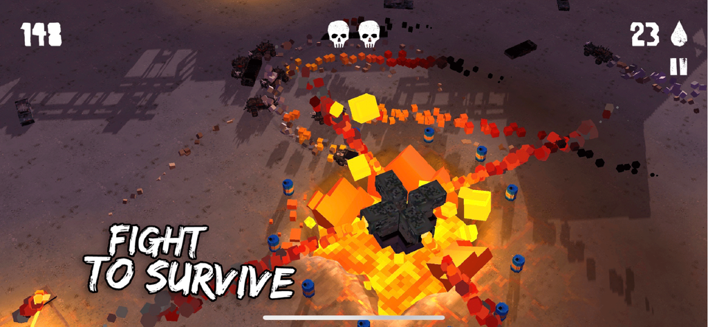 Action gameplay of Fury Roads Survivor showing a car explosion in a voxel desert world