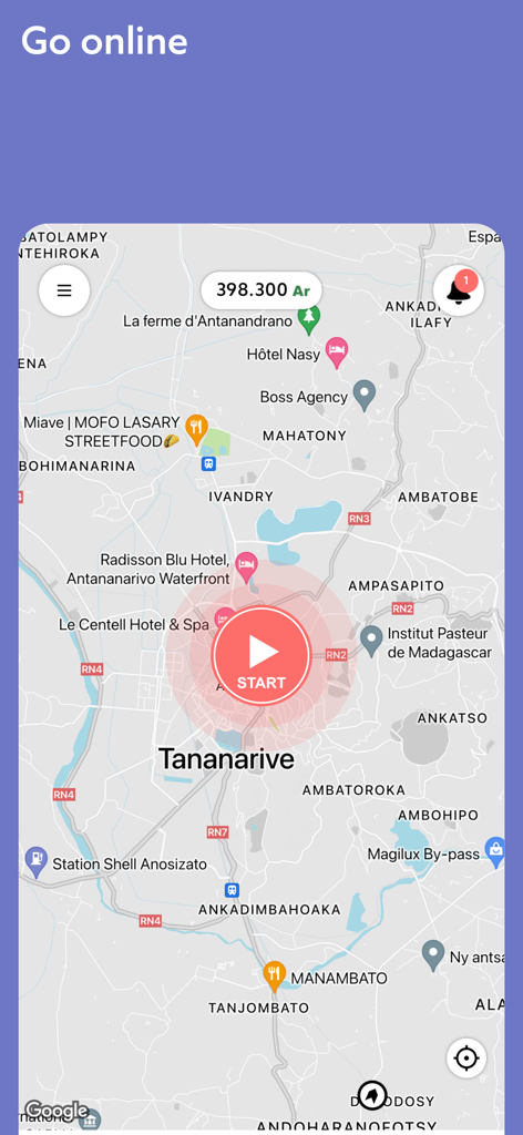 Misy Driver app interface showing a map of Tananarive with a red start button to go online