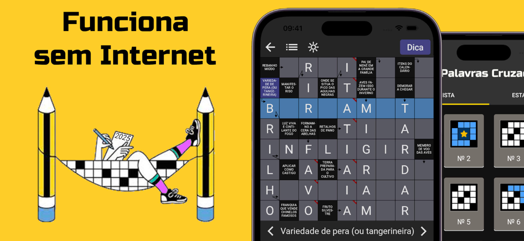 Palavras Cruzadas (Diretas) - Portuguese crossword puzzle app interface showing offline play and dark mode