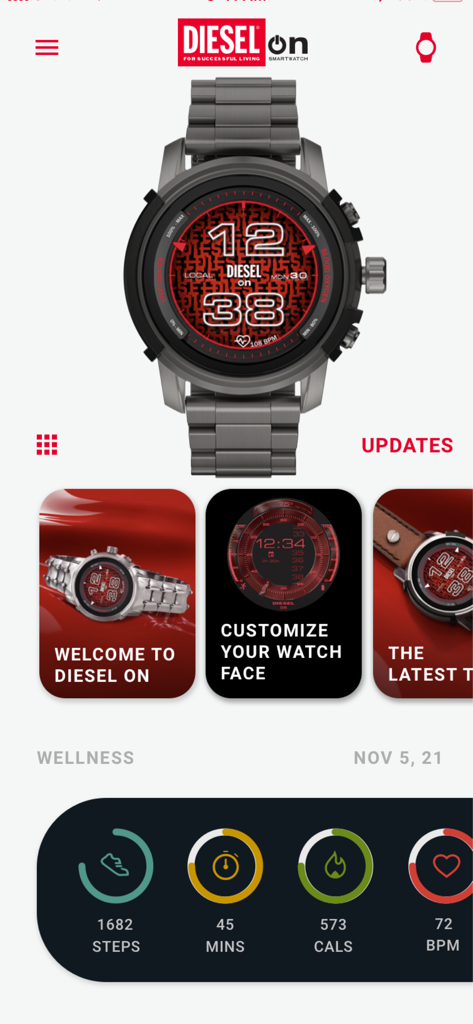 DieselOn - DieselOn App-Oberfläche zeigt ein individuelles industrielles Zifferblatt und tägliche Wellness-Verfolgung für Schritte und Herzfrequenz