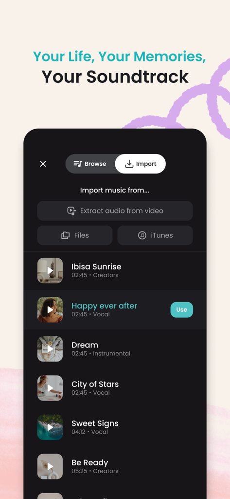 FastCut 음악 선택 인터페이스에서 영상 편집을 위한 노래 라이브러리 가져오기 또는 검색 옵션을 보여주는 화면.