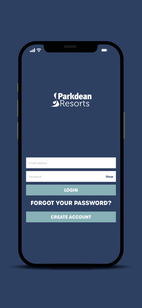Pantalla de inicio de sesión de la aplicación móvil Parkdean Resorts con campos de correo electrónico y contraseña y un botón para crear cuenta