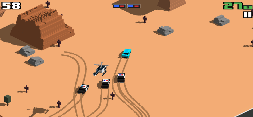 Smashy Road: Wanted - A blue car being chased by police cars and a helicopter in a voxel art desert environment