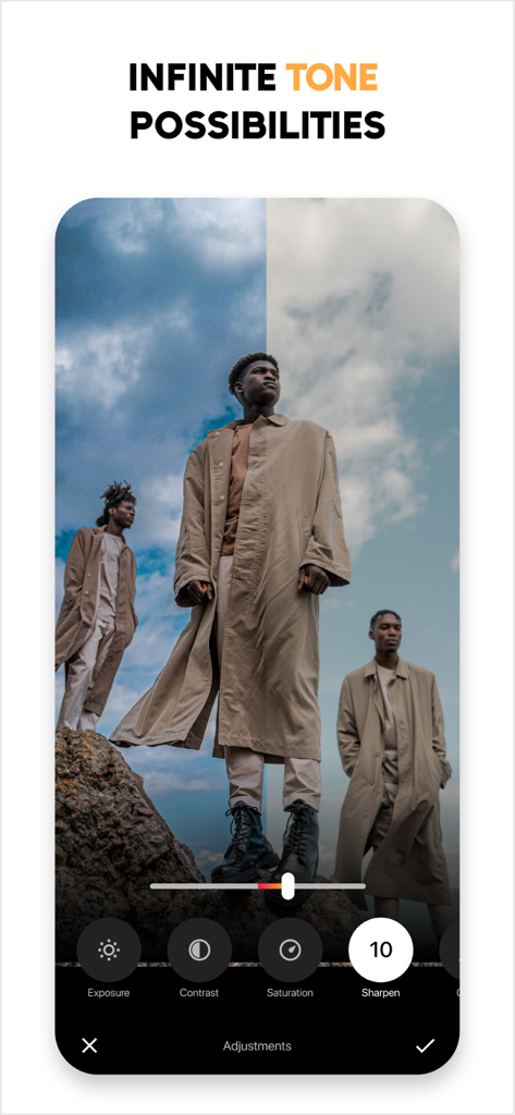 Photo Editor Effects + Filters - Mobile app interface showing photo tone adjustments with a before and after split screen comparison