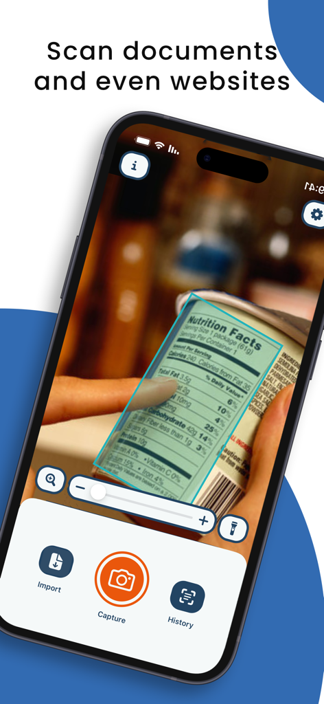 LUP: Reader, text to speech - Smartphone using LUP app to scan a nutrition facts label for text-to-speech reading.