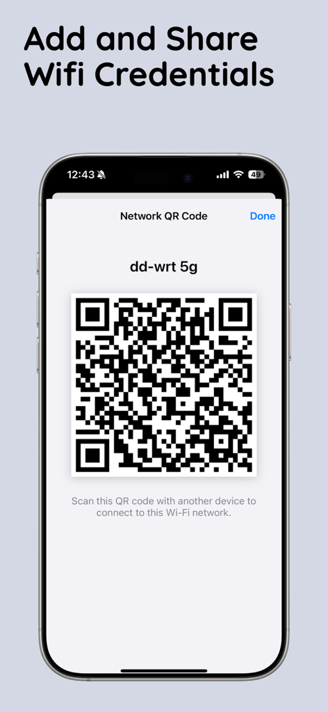 iPhone displaying a QR code for sharing Wi-Fi network credentials in the Finger Vault app