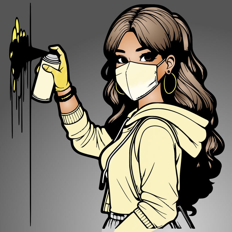 realistic girl with mask spray painting a wall