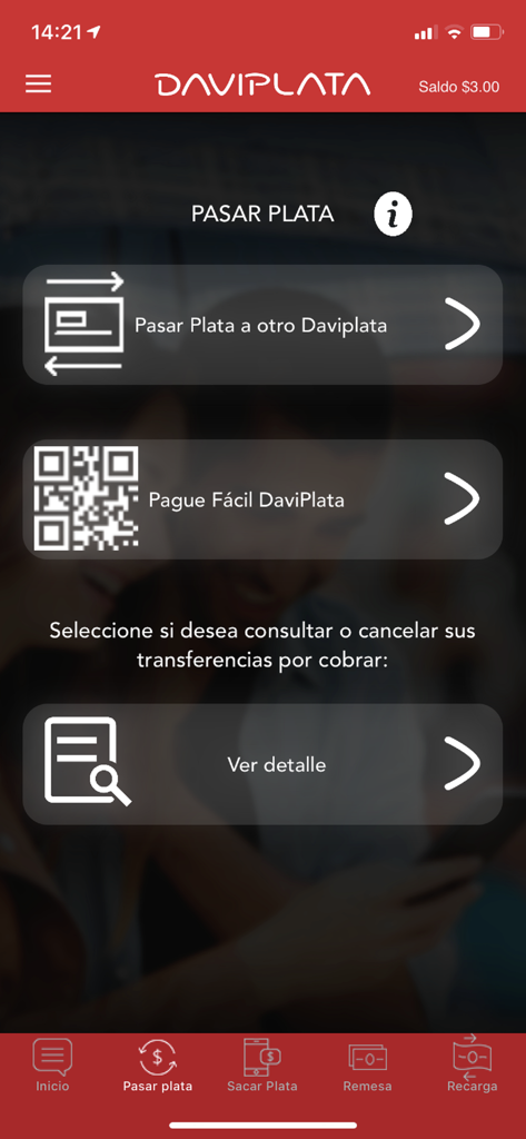 Daviplata El Salvador - Interfaz de la aplicación Daviplata El Salvador que muestra la pantalla Pasar Plata con opciones para transferencias y pagos QR