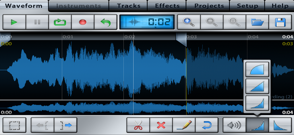 Audio waveform editing screen with track controls and editing tools in Music Studio Lite