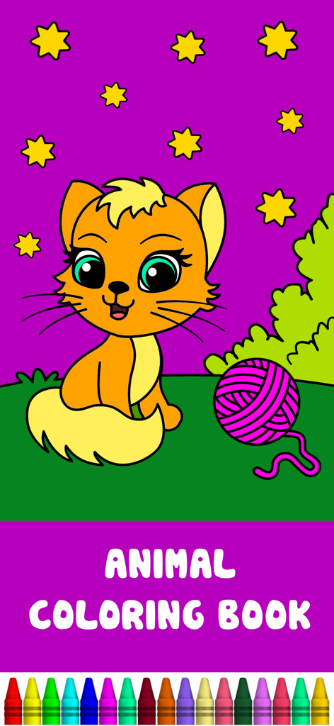 Animal Coloring Book Baby Pets - Una página de colorear digital colorida de un lindo gatito de dibujos animados con un ovillo de lana bajo un cielo morado estrellado.