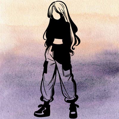 girl in baggy pants crop top and long hair