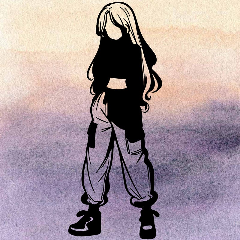 girl in baggy pants crop top and long hair