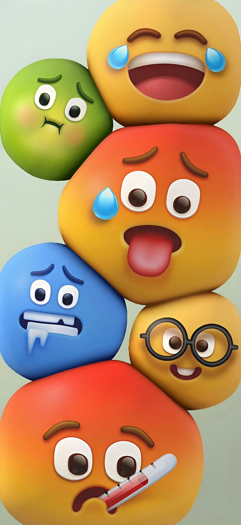 Emoji Keyboard - Face Bit Moji - Una pila de emojis de gotas 3D coloridas que muestran diversas expresiones faciales