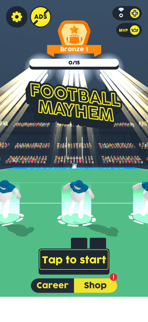 Main menu of Ball Mayhem mobile game with football players and a stadium.