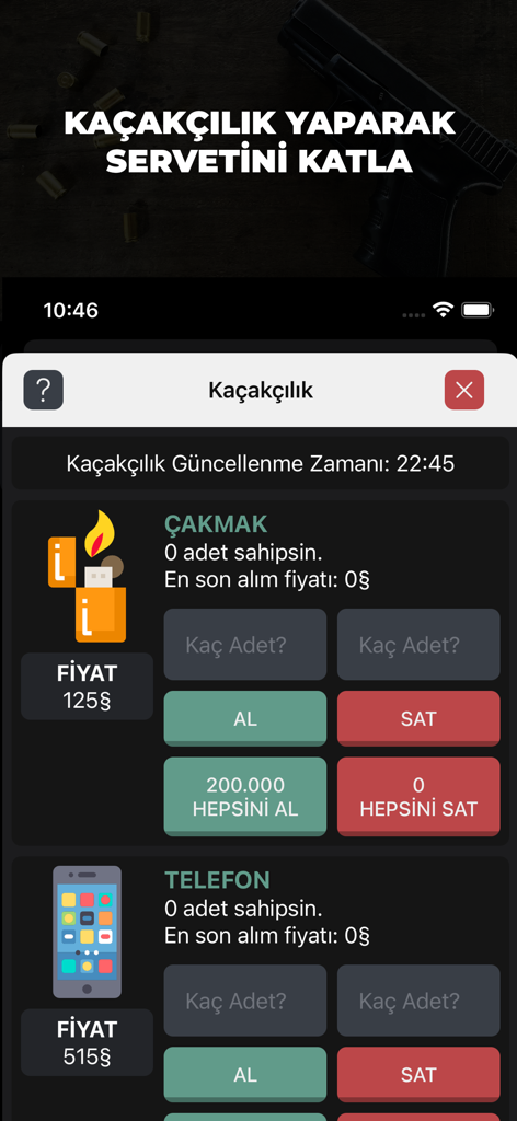 MAFYA - Günahkarlar! - Interface do mercado de contrabando no aplicativo Mafia Sinners mostrando opções de negociação para isqueiros e telefones.