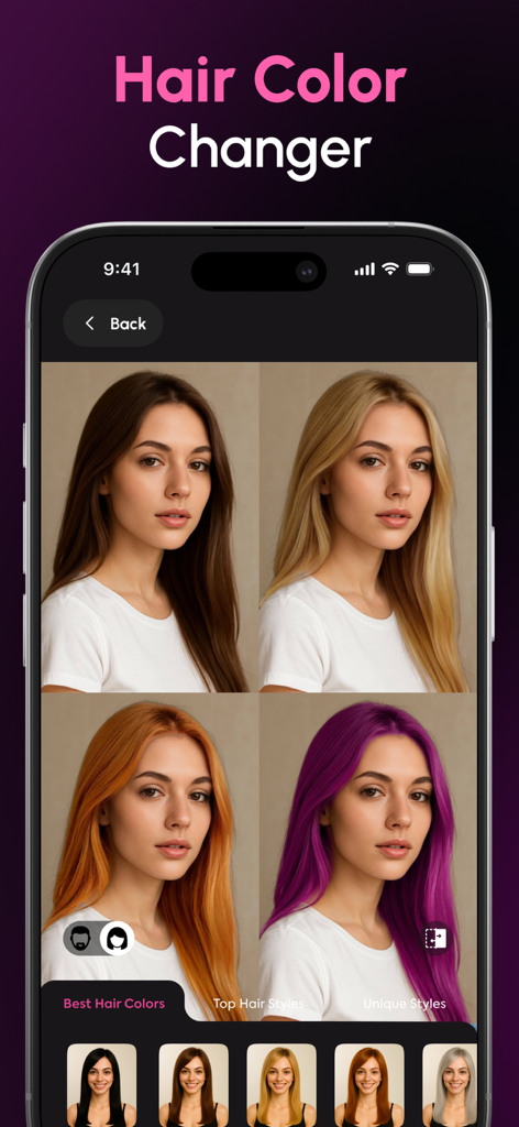 AI Hairstyle・Hair Color Filter - A mobile app interface showing a four-way grid of a woman with different AI-generated hair colors including blonde and purple