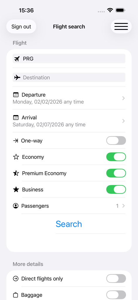 AirTickets: Quick Booking - Tela de busca de voos do aplicativo AirTickets mostrando opções de destino, datas e classe de cabine