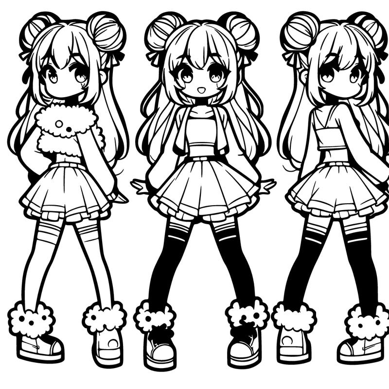 anime girl with space buns and fluffy boots