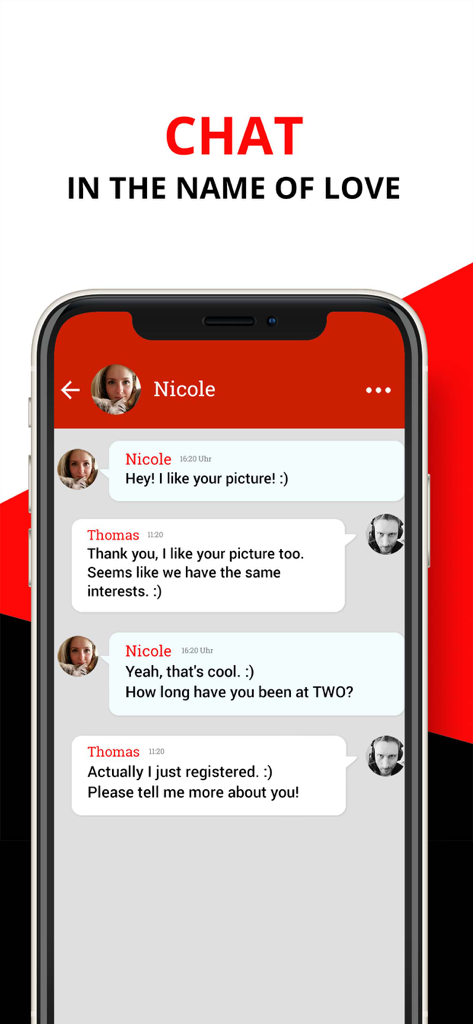 twoLove - Dating App - A screenshot of the twoLove dating app's chat interface showing a conversation between two users.
